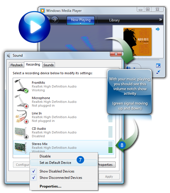 With your music playing, you should see this volume notch show activity (green signal moving up and down)